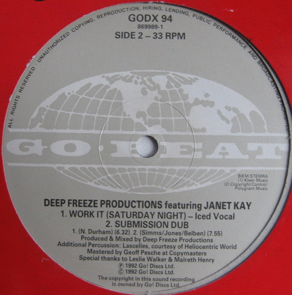 Deep Freeze Productions Featuring Janet Kay : Work It (Saturday Night) (12")