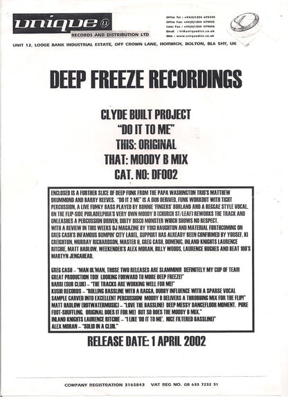 Clyde Built Project : Do It 2 Me (12", Maxi, Promo, W/Lbl)