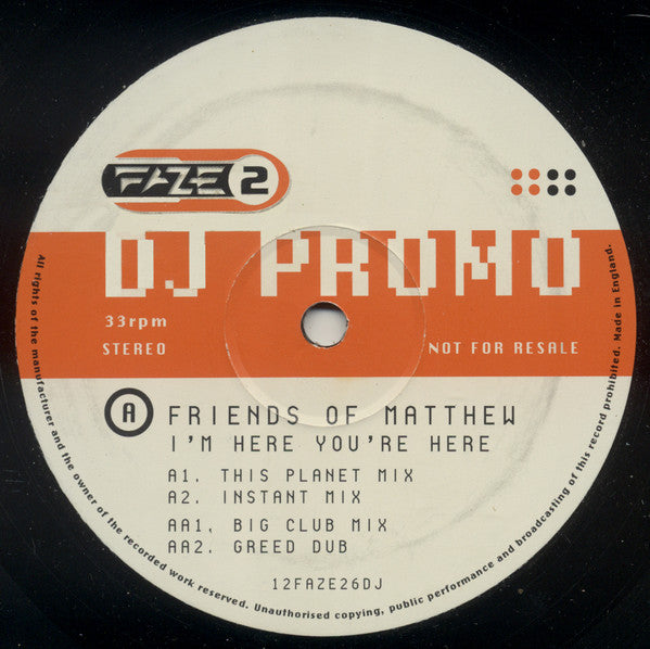 Friends Of Matthew : I'm Here You're Here (12", Promo)