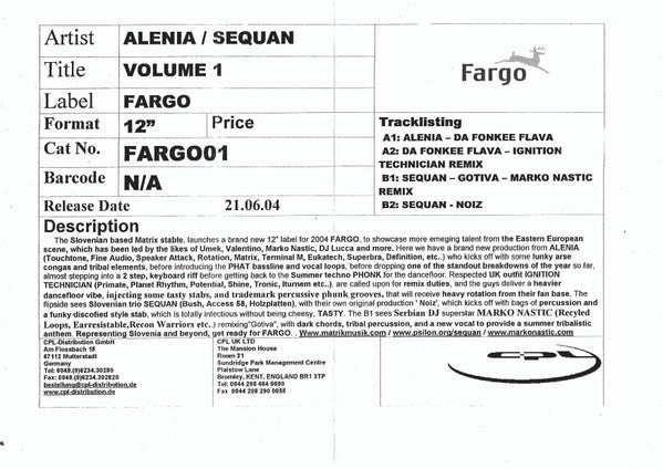 Alenia & Sequan : Fargo Vol. 1 (12", Promo, W/Lbl)